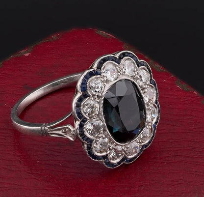 Antique Edwardian French 3ct Natural Sapphire Diamond Platinum Floral Cluster Ring