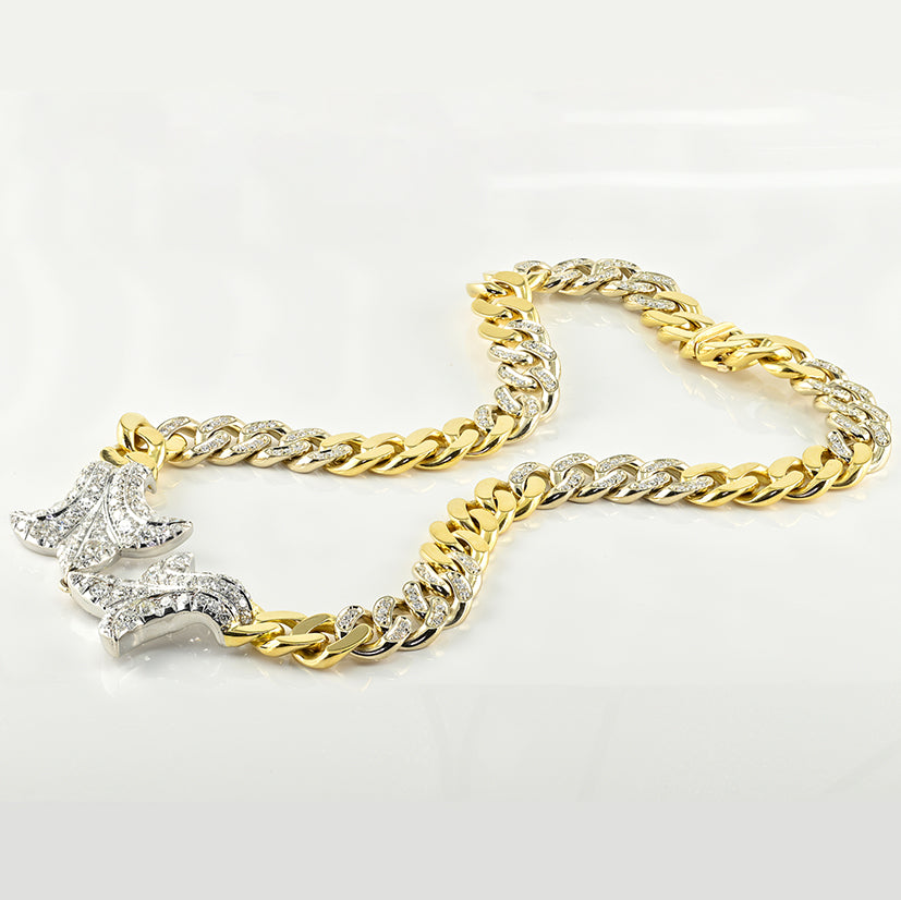 Vintage Italian 1940s Retro Diamond Set Gold and Platinum Curb Link Necklace with Fleur de Lys, 13.30 carat total