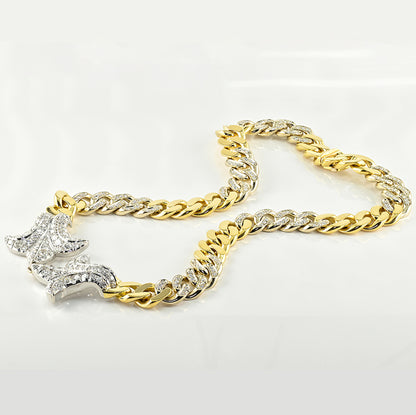 Vintage Italian 1940s Retro Diamond Set Gold and Platinum Curb Link Necklace with Fleur de Lys, 13.30 carat total