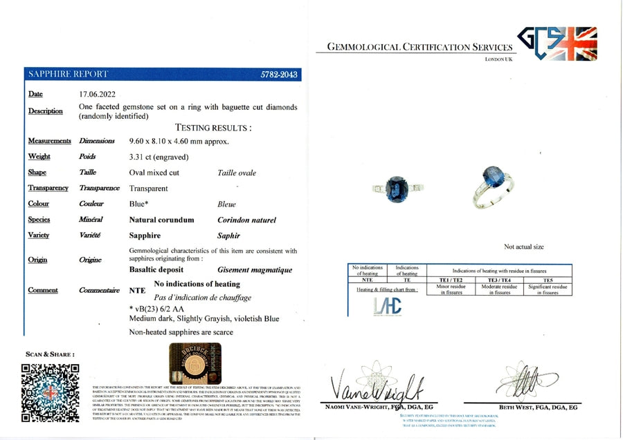 Certified 3.31ct Natural No Heat Sapphire Solitaire Engagement Ring with Baguette Diamond Shoulders with Laboratory Certificate