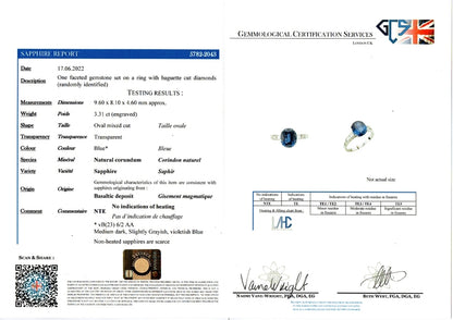 Certified 3.31ct Natural No Heat Sapphire Solitaire Engagement Ring with Baguette Diamond Shoulders with Laboratory Certificate