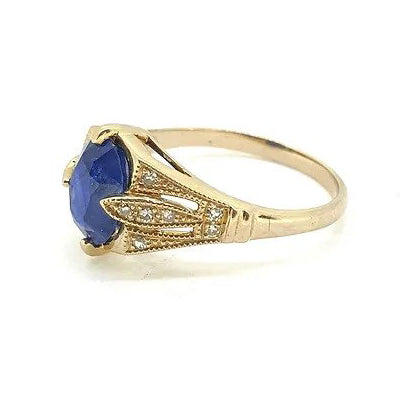 Decorative Sapphire Ring with Diamond Split Shoulders 18ct Yellow Gold
