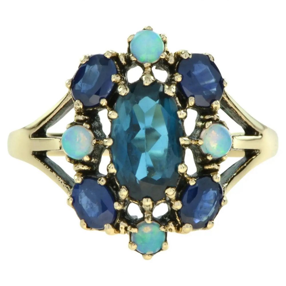 Blue Topaz, Sapphire and Opal Floral Cluster Dress Ring