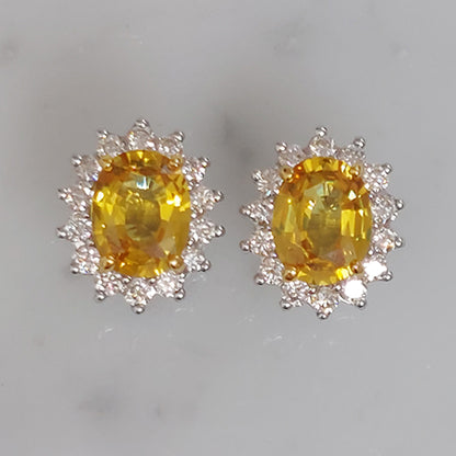 4.20ct Oval Yellow Sapphire and Diamond Cluster Stud Earrings