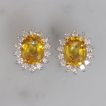 4.20ct Oval Yellow Sapphire and Diamond Cluster Stud Earrings