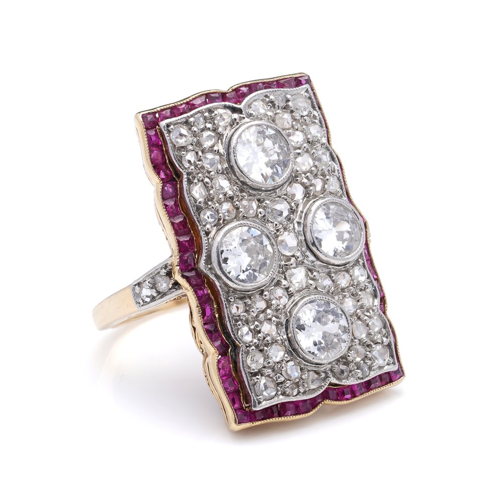 Art Deco Old European Cut and Rose Cut Diamond and Ruby Cluster Dress Ring, 2.16 carat total