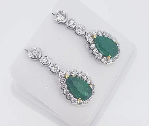 6.13ct Emerald and Diamond Pear Shaped Cluster Drop Earrings