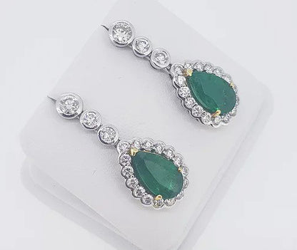 6.13ct Emerald and Diamond Pear Shaped Cluster Drop Earrings