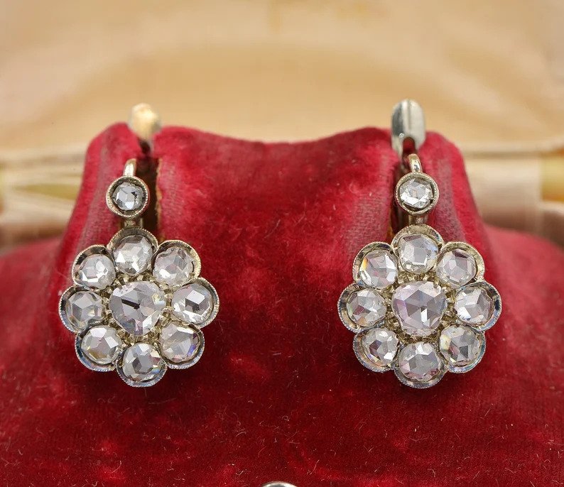 Antique Victorian 3.8ct Rose Cut Diamond Cluster Drop Earrings