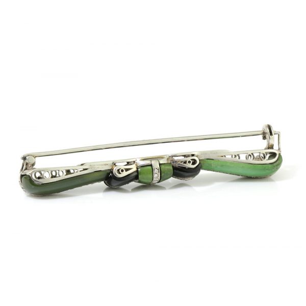 Art Deco Jadeite, Onyx and Old Cut Diamond Bow Brooch in Platinum