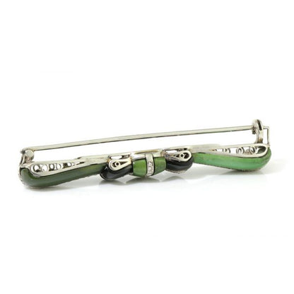 Art Deco Jadeite, Onyx and Old Cut Diamond Bow Brooch in Platinum