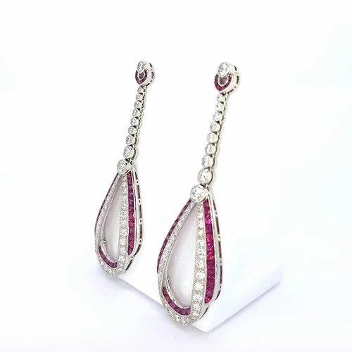 Ruby, Diamond and Platinum Drop Earrings