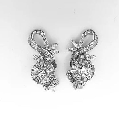 Vintage 1950s Baguette Cut Diamond Platinum Floral Spray Earrings, 6.00 carat total
