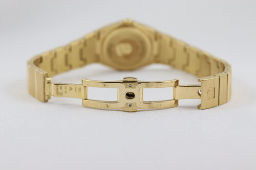 Omega Constellation Double Eagle 18ct Yellow Gold Ladies 25mm Quartz Watch, 11897500, diamond bezel and hour markers, mother of pearl dial, 18ct Gold bracelet strap with a double-fold hidden clasp, original Omega box and papers.