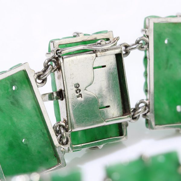 Vintage Carved Jadeite Jade Panel Bracelet in White Gold, Circa 1970s
