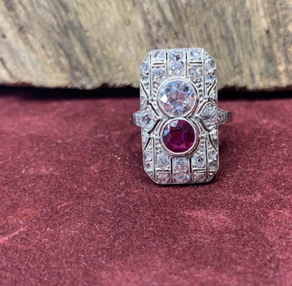 Art Deco Ruby and Diamond Plaque Ring in Platinum
