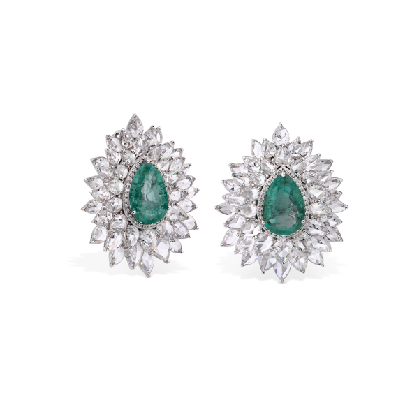 Pear-Shaped Old Cut Emerald and Diamond Floral Cluster Earrings, 22.07 carat total, 18ct White Gold. Emerald total 8.88cts. Total diamond weight 13.19cts.