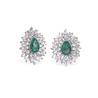 Pear-Shaped Old Cut Emerald and Diamond Floral Cluster Earrings, 22.07 carat total, 18ct White Gold. Emerald total 8.88cts. Total diamond weight 13.19cts.