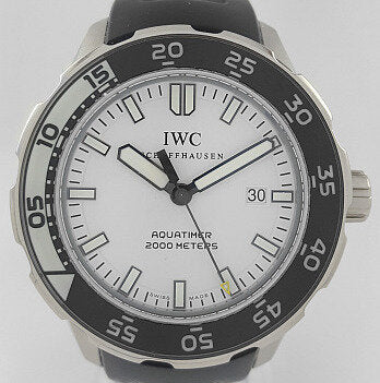 IWC Aquatimer 2000 Automatic 44mm Stainless Steel Watch; white dial, luminescent hands and indexes, date aperture at 3, rotating bezel, sapphire crystal, on a black rubber strap, with IWC box and papers, Circa 2010