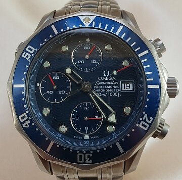 Omega Seamaster Diver 300 Chronograph Automatic 42mm Watch in Titanium; blue dial, date aperture, automatic, titanium bracelet, with Omega box