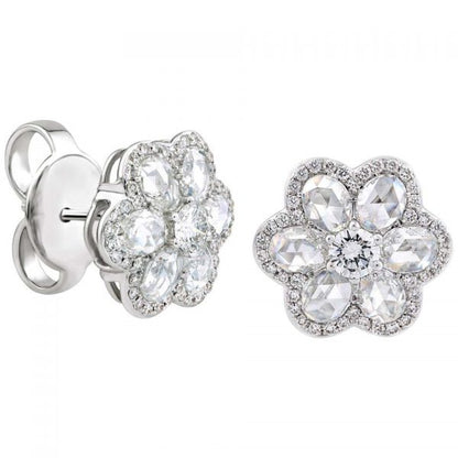 Rose Cut Diamond Daisy Blossom Flower Cluster Stud Earrings; combining 12 oval rose cuts with 86 round brilliant cut diamonds for extra sparkle, 1.75 carat total, in 18ct white gold