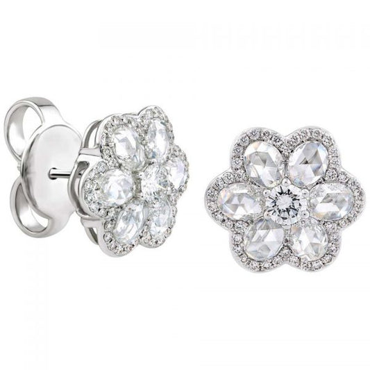 Rose Cut Diamond Daisy Blossom Flower Cluster Stud Earrings; combining 12 oval rose cuts with 86 round brilliant cut diamonds for extra sparkle, 1.75 carat total, in 18ct white gold