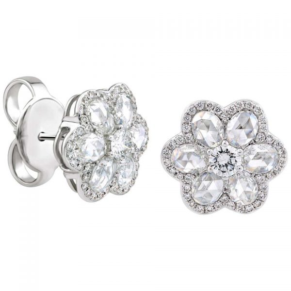Rose Cut Diamond Daisy Blossom Flower Cluster Stud Earrings; combining 12 oval rose cuts with 86 round brilliant cut diamonds for extra sparkle, 1.75 carat total, in 18ct white gold