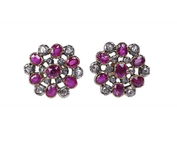Antique Georgian Burmese Ruby and Diamond Cluster Earrings; with 1.40cts Burmese rubies and 0.72cts rose cut diamonds, in silver and gold, Circa 1820