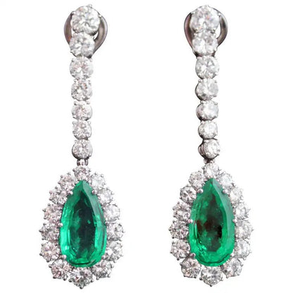 Vintage 8.67ct Colombian Emerald and Diamond Cluster Drop Earrings