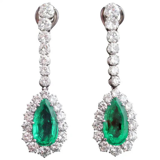 Vintage 8.67ct Colombian Emerald and Diamond Cluster Drop Earrings