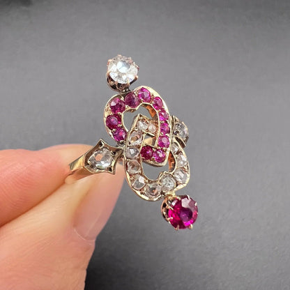 Victorian Antique Ruby and Diamond Double Heart Ring in 15ct Rose Gold