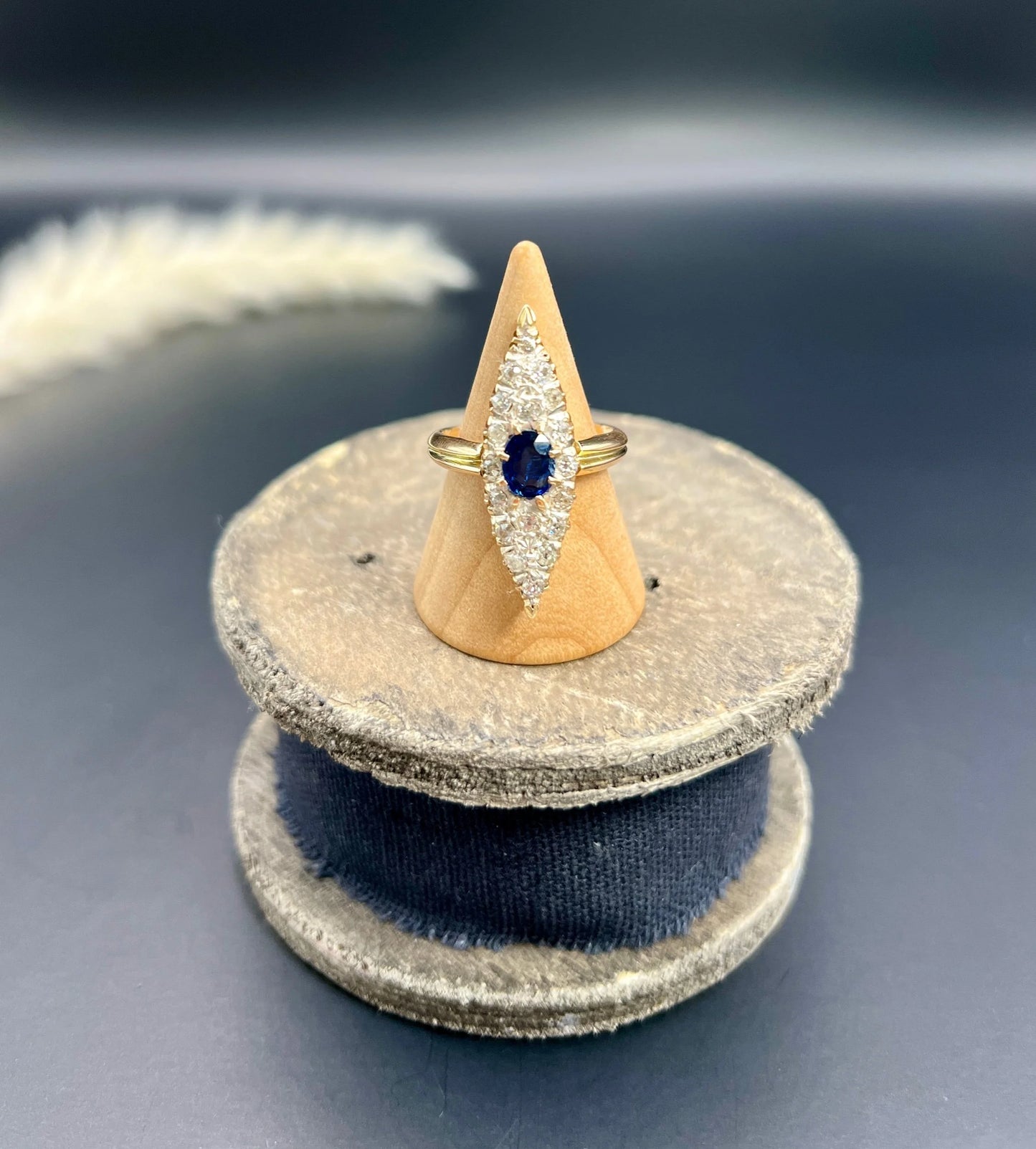 Antique 9 ct Yellow Gold, Victorian Sapphire And Diamond Marquise Navette Shaped Ring