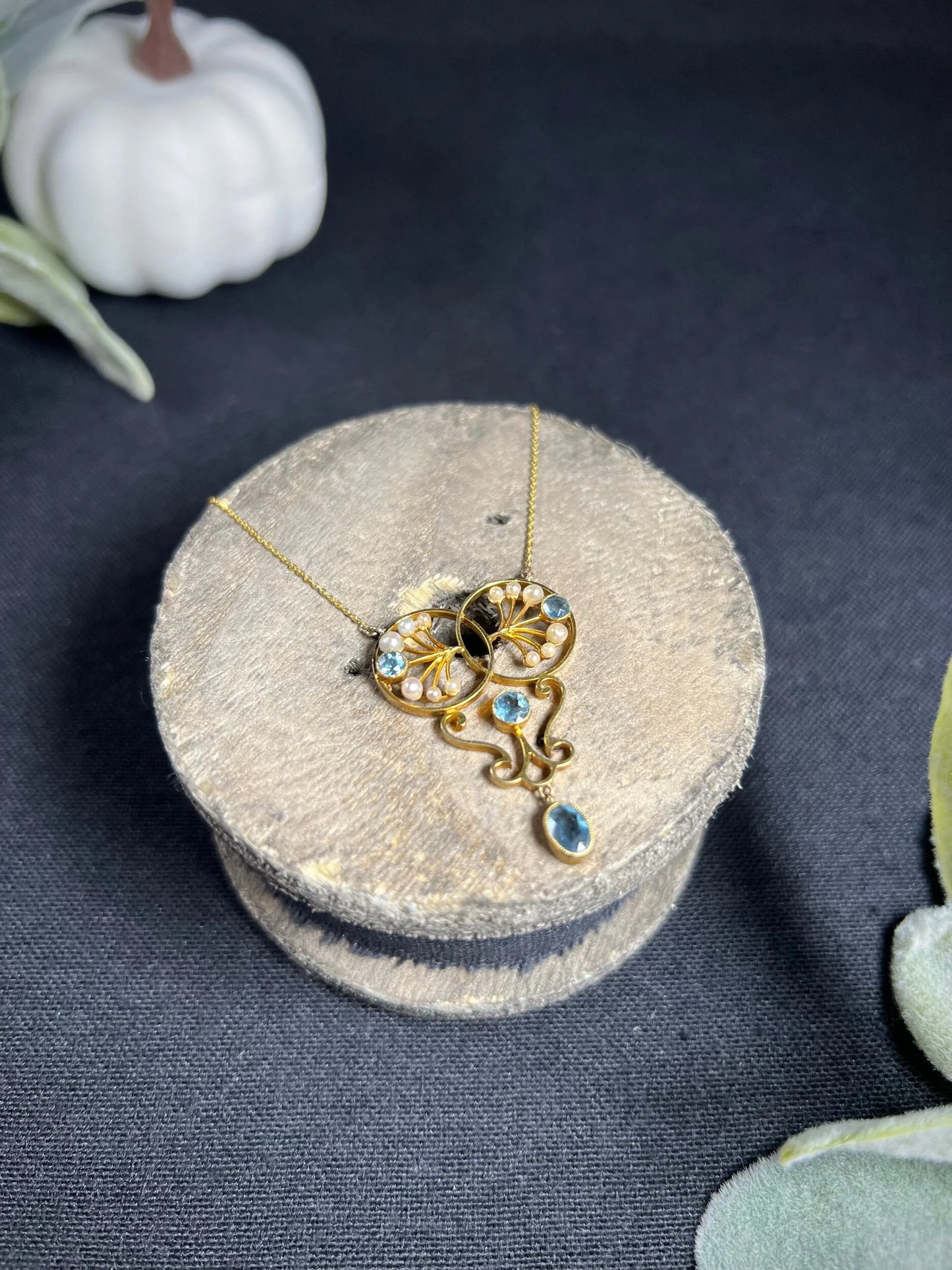 Antique 15 ct Gold Edwardian Aquamarine And Seed Pearl Pendant Necklace