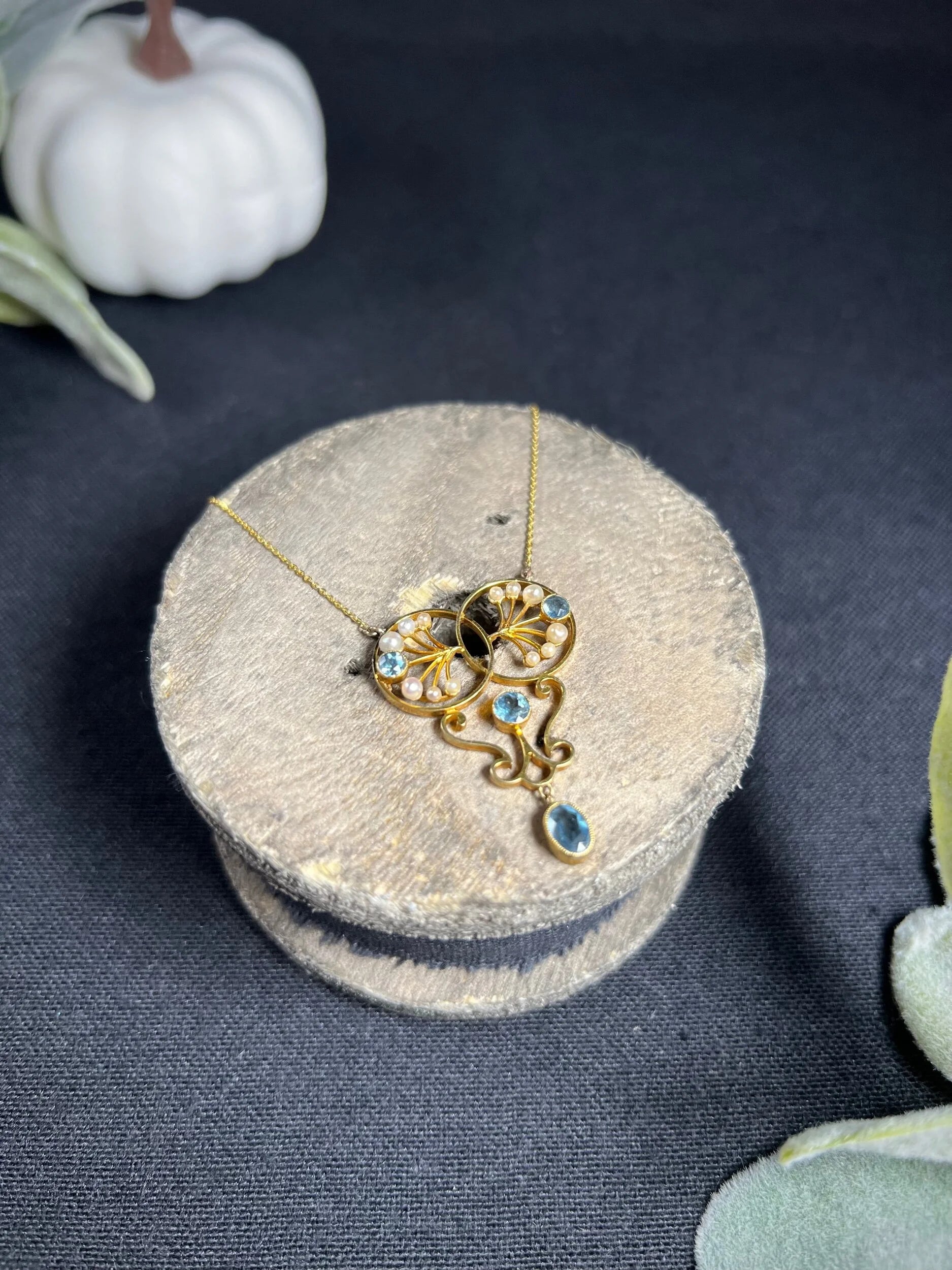 Antique 15 ct Gold Edwardian Aquamarine And Seed Pearl Pendant Necklace