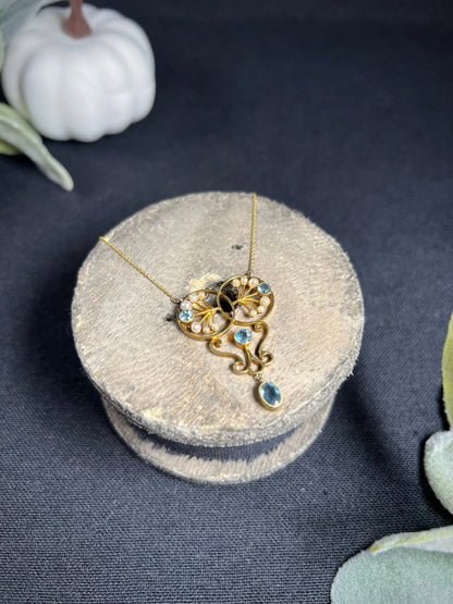 Antique 15 ct Gold Edwardian Aquamarine And Seed Pearl Pendant Necklace