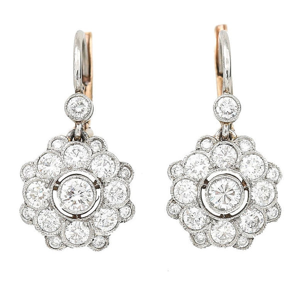 Vintage 1.20ct Diamond Floral Cluster Drop Earrings
