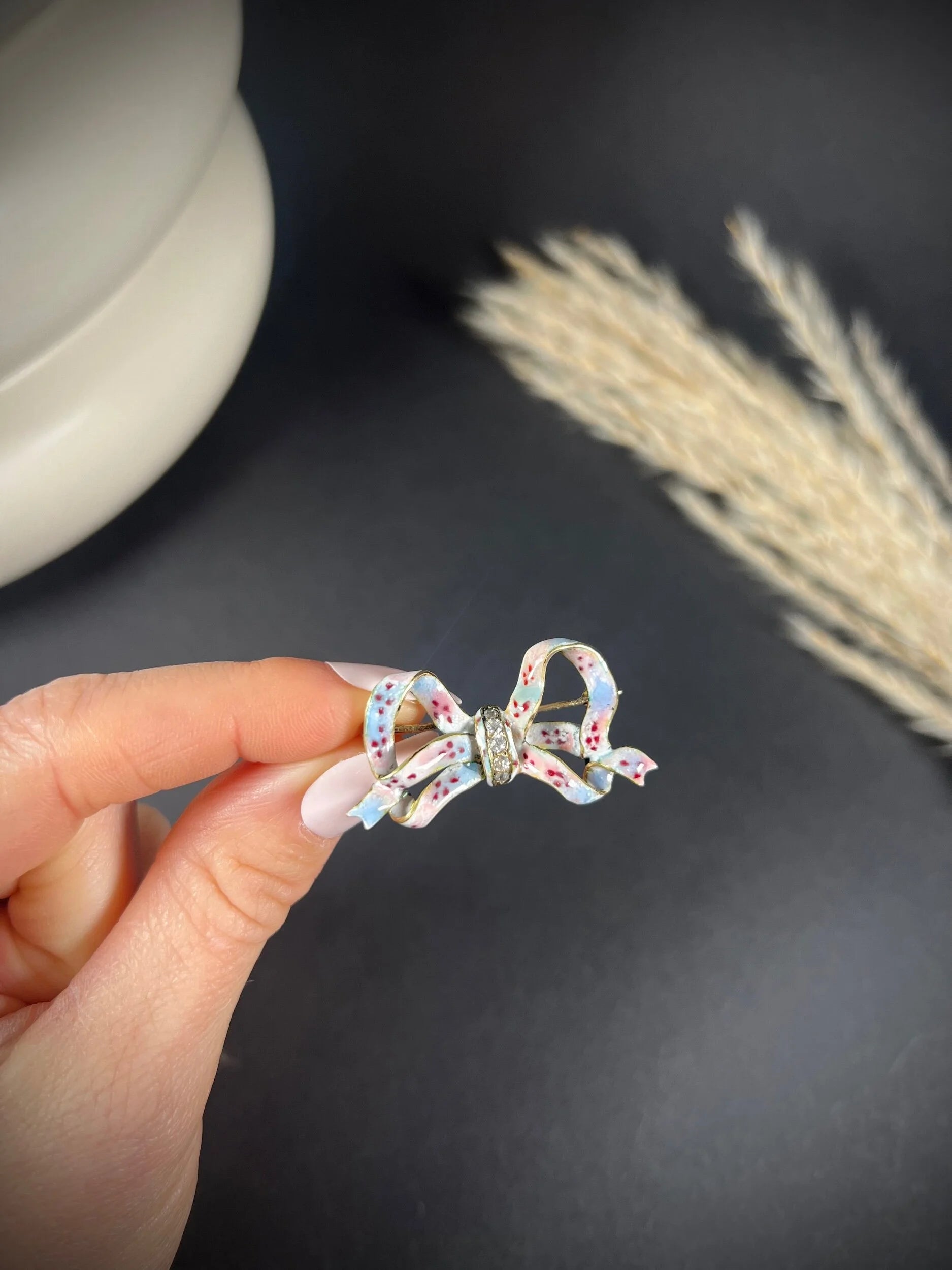 Antique 14 Carat Gold Floral Enamel and Diamond Bow Brooch, Circa 1900
