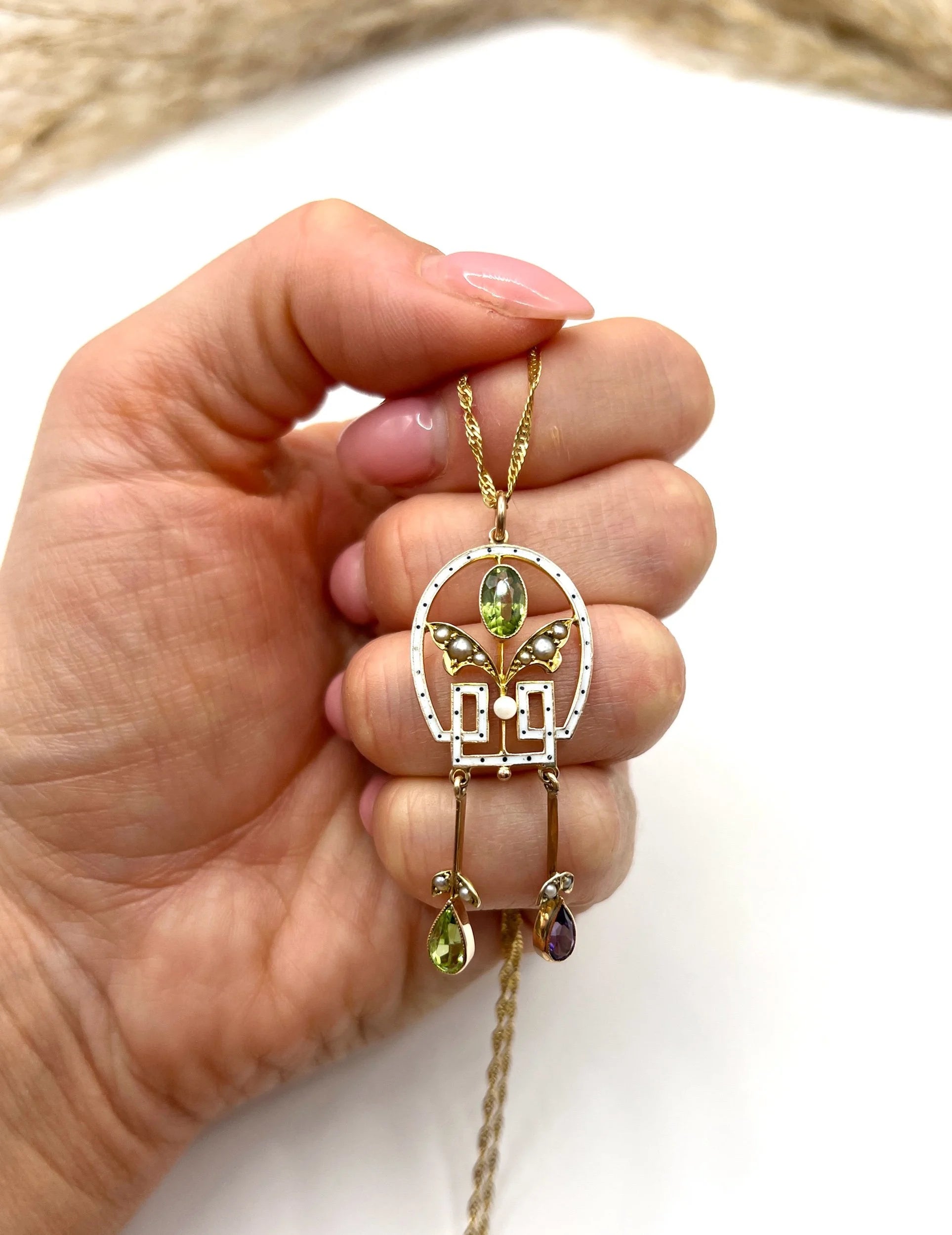 Antique 9 ct Gold, Edwardian Amethyst, Peridot, Seed Pearl And Enamel Suffragette Pendant