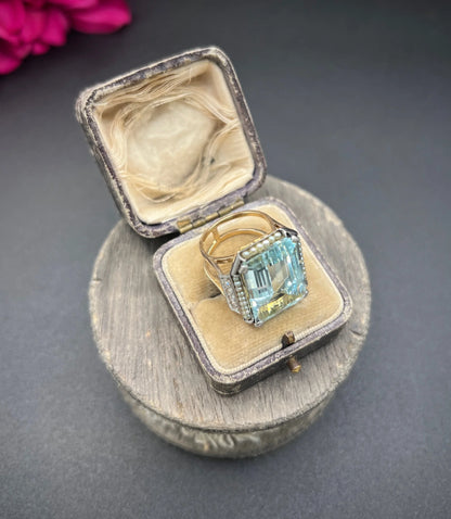 An aquamarine, pearl and diamond large cocktail ring in yellow gold and platinum, in a ring box