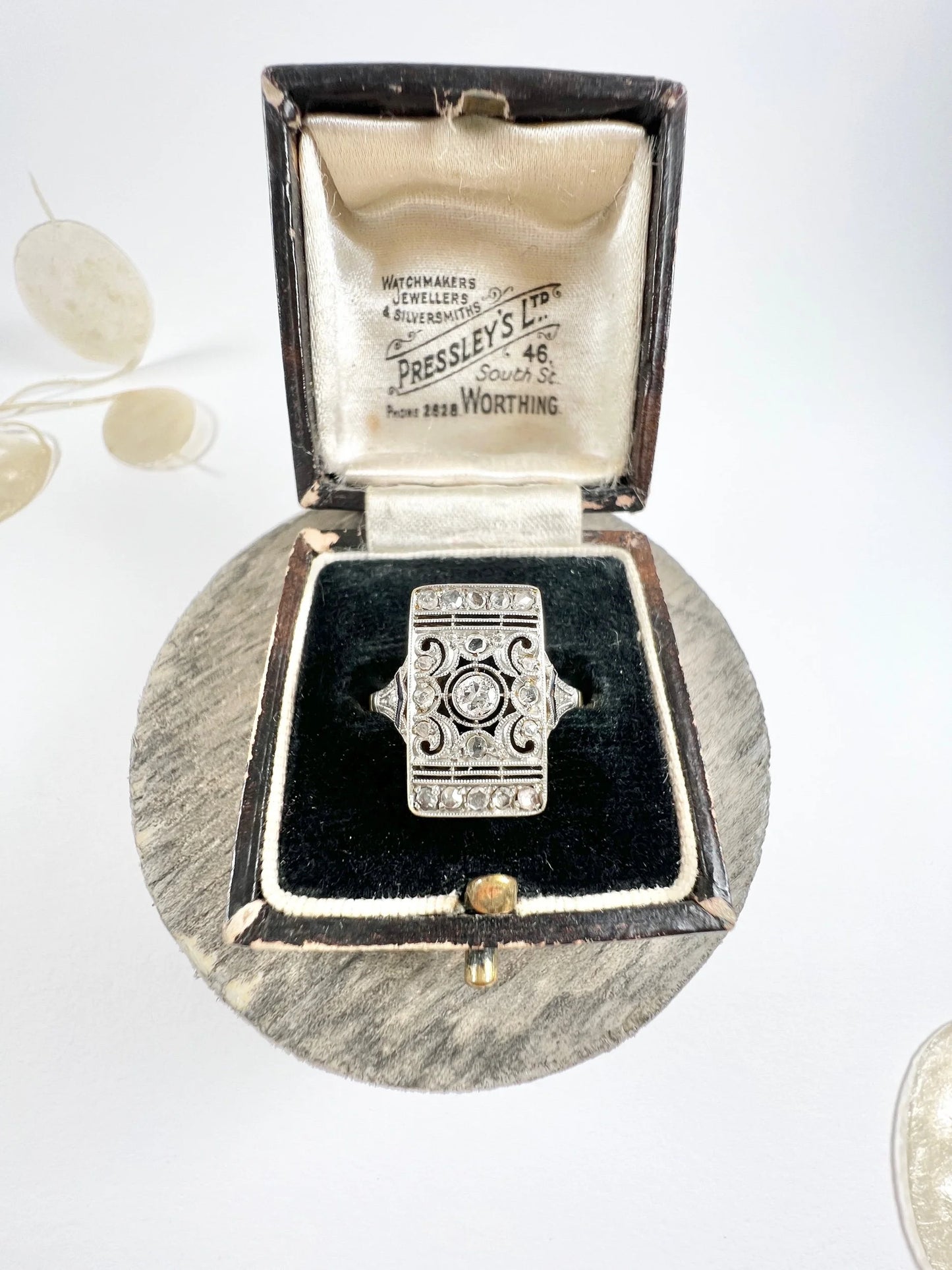 Antique 18ct Gold & Platinum Art Deco Rectangular Diamond  and Sapphire Plaque Ring