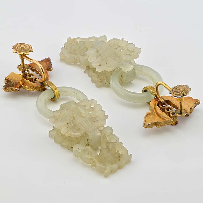 Antique Carved White Jade Dragon Drop Earrings