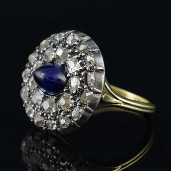 Antique Georgian 2ct Cabochon Sapphire and Diamond Cluster Ring