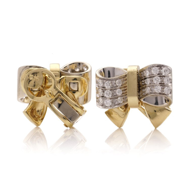 Vintage Pomellato 1.08ct Diamond Set Gold Bow Earrings with post and clip fittings