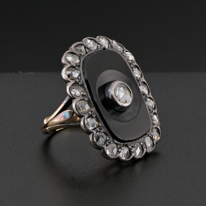 Victorian Antique Rose Cut Diamond and Black Onyx Panel Plaque Ring, 2.10 carat total