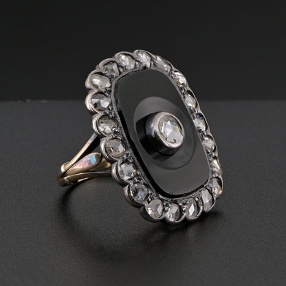 Victorian Antique Rose Cut Diamond and Black Onyx Panel Plaque Ring, 2.10 carat total