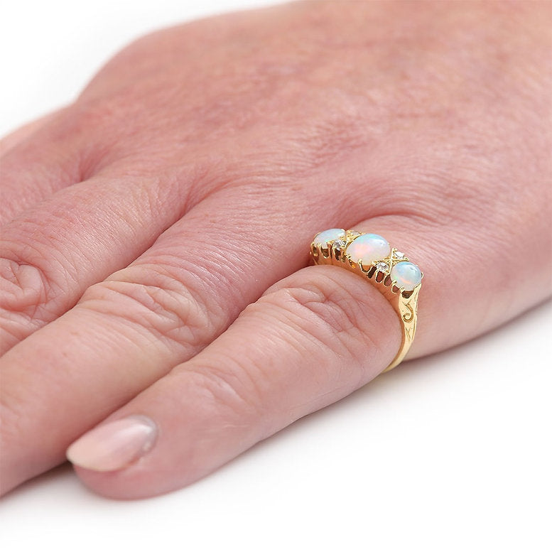Antique Opal and Old Cut Diamond Gypsy Ring 18ct Yellow Gold