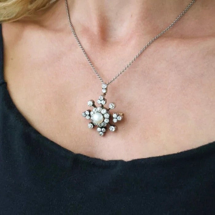 Victorian Antique Natural Pearl and Diamond Snowflake Cluster Pendant Brooch