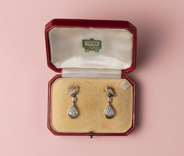 Vintage Cartier Diamond, 18ct Gold and Platinum Drop Earrings, Signed, with original box