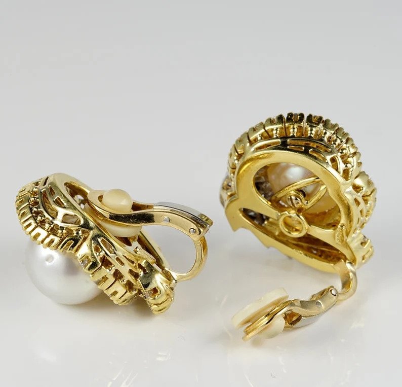 Vintage South Sea Pearl and Diamond Bow Cluster Earrings, 2.40 carats