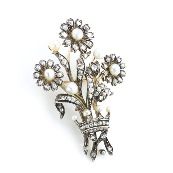 Antique Early Victorian Pearl and Rose Cut Diamond Flower Spray Brooch, 2 carats